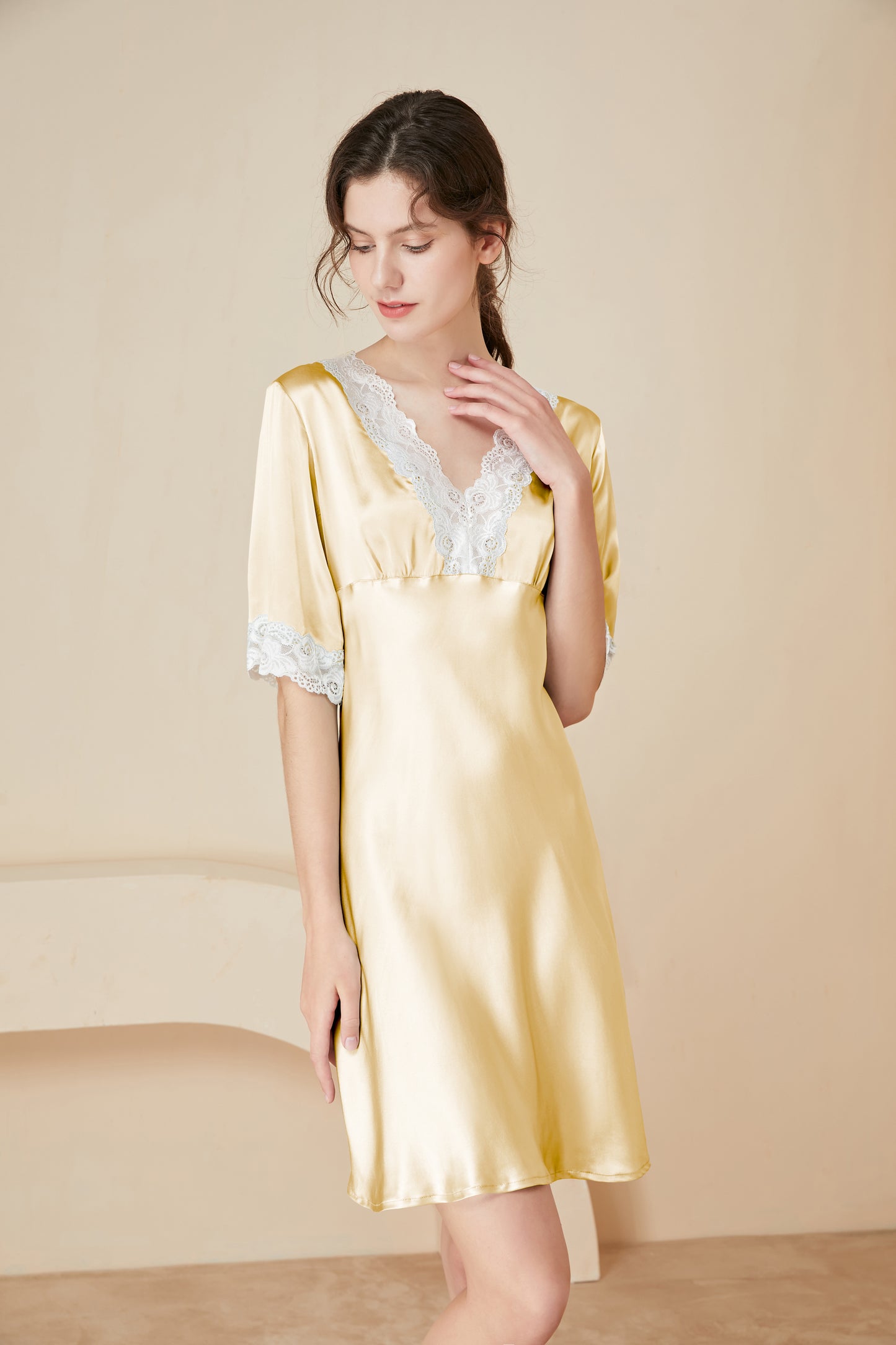 Short-sleeved silk and lace nightgown