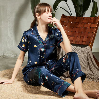 19 momme pyjama couple soie imprimé complet à manches courte