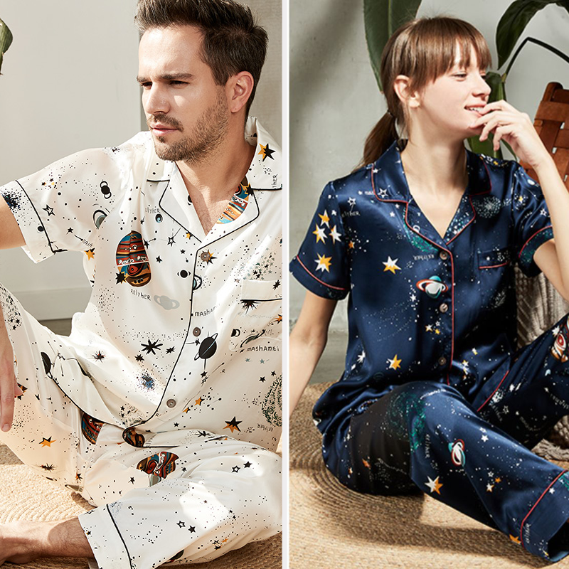19 momme pyjama couple soie imprimé complet à manches courte