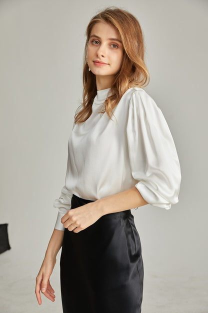 Silk shirt with draped straight collar