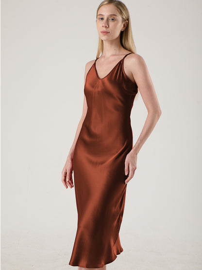 Luxury women's silk dress mid-length v-neck