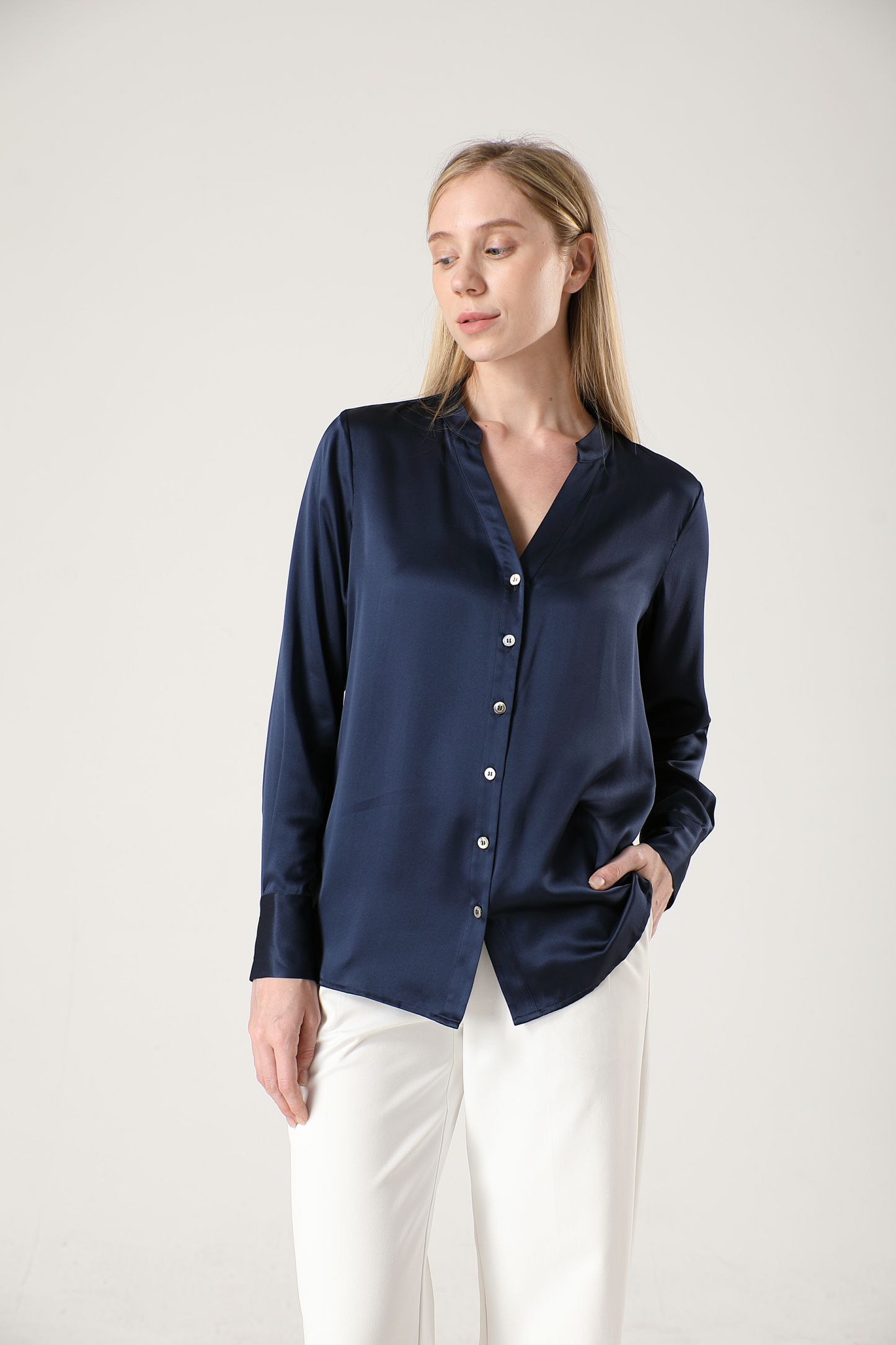 Women's silk blouse with mandarin collar