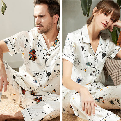 19 momme short sleeve full print silk couple pajamas