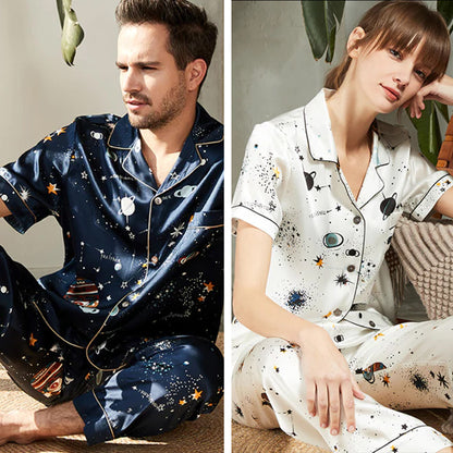 19 momme short sleeve full print silk couple pajamas