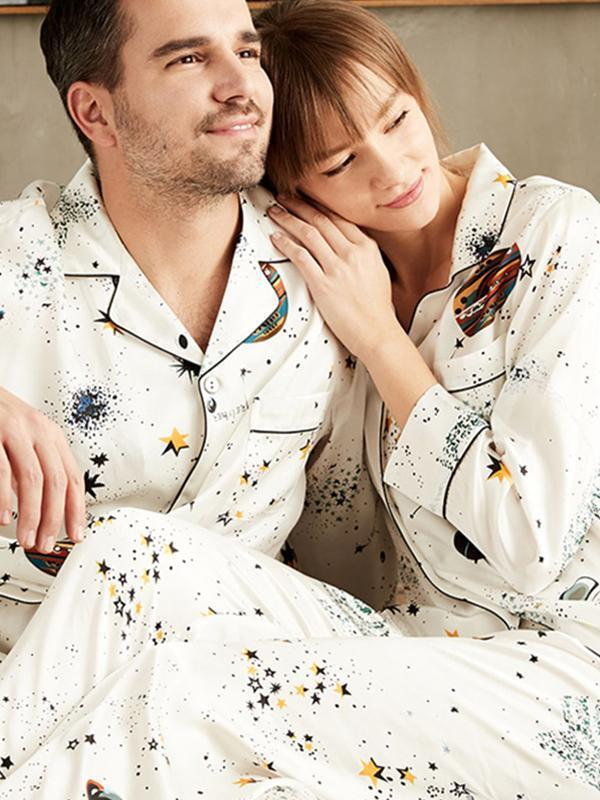 19 momme pyjama couple soie imprimé complet à manches longues