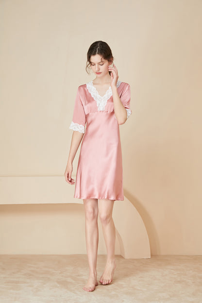 Short-sleeved silk and lace nightgown