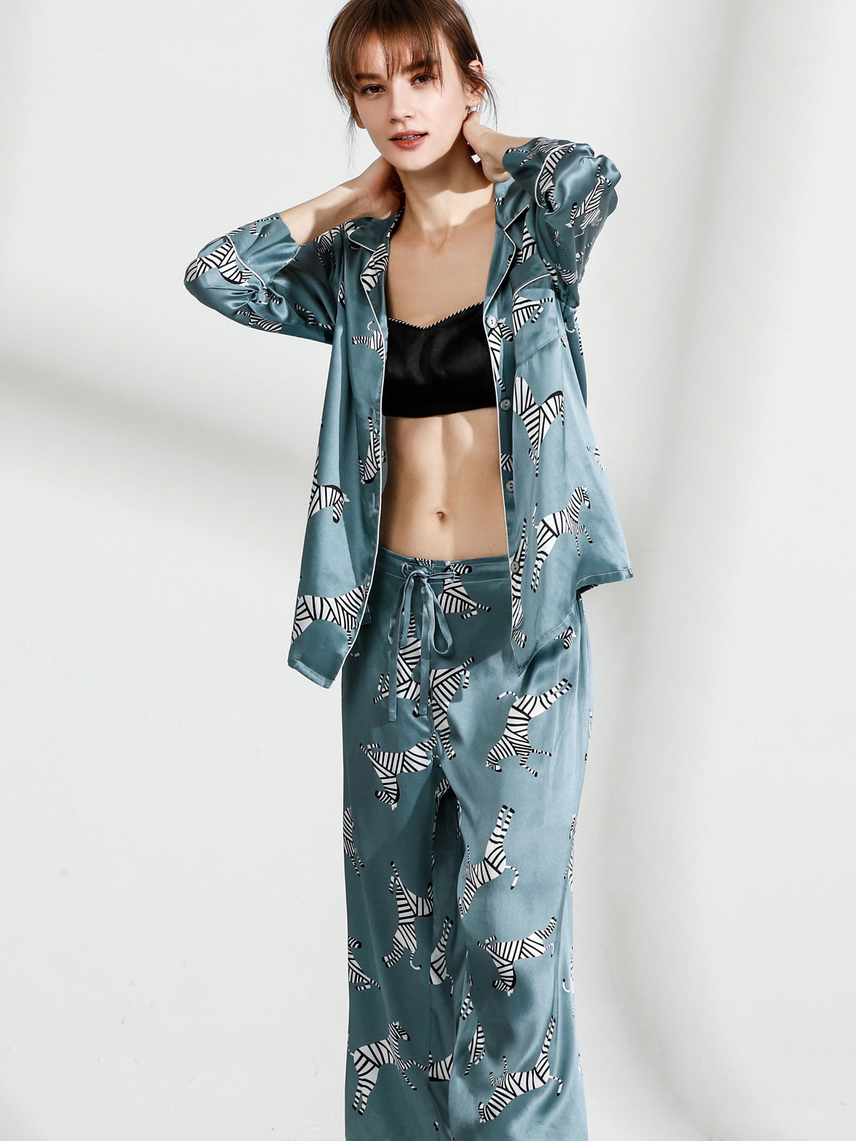 19 mommes imprimés zébré ensemble pyjama femme soie