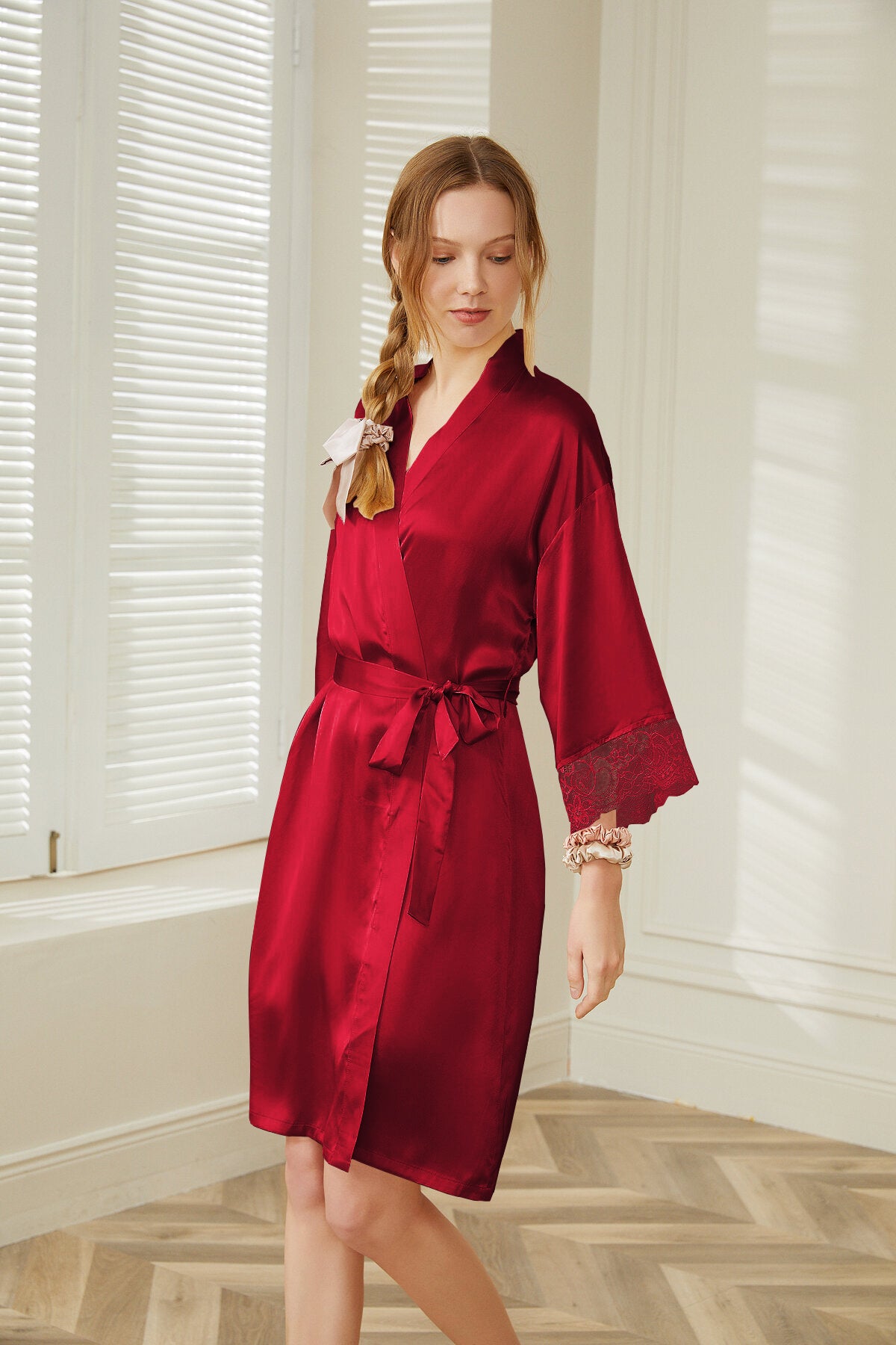100% silk robe for women chic lace sleeve
