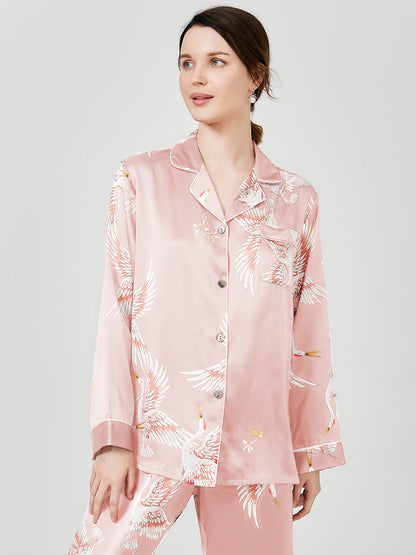 19 Momme Crane Print Women Silk Pajamas Set