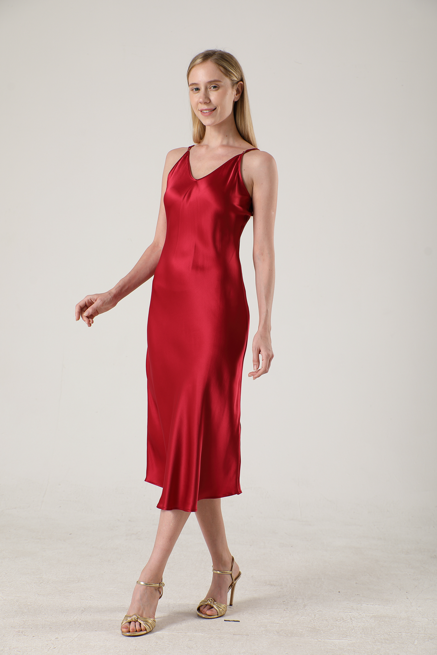Luxury women's silk dress mid-length v-neck