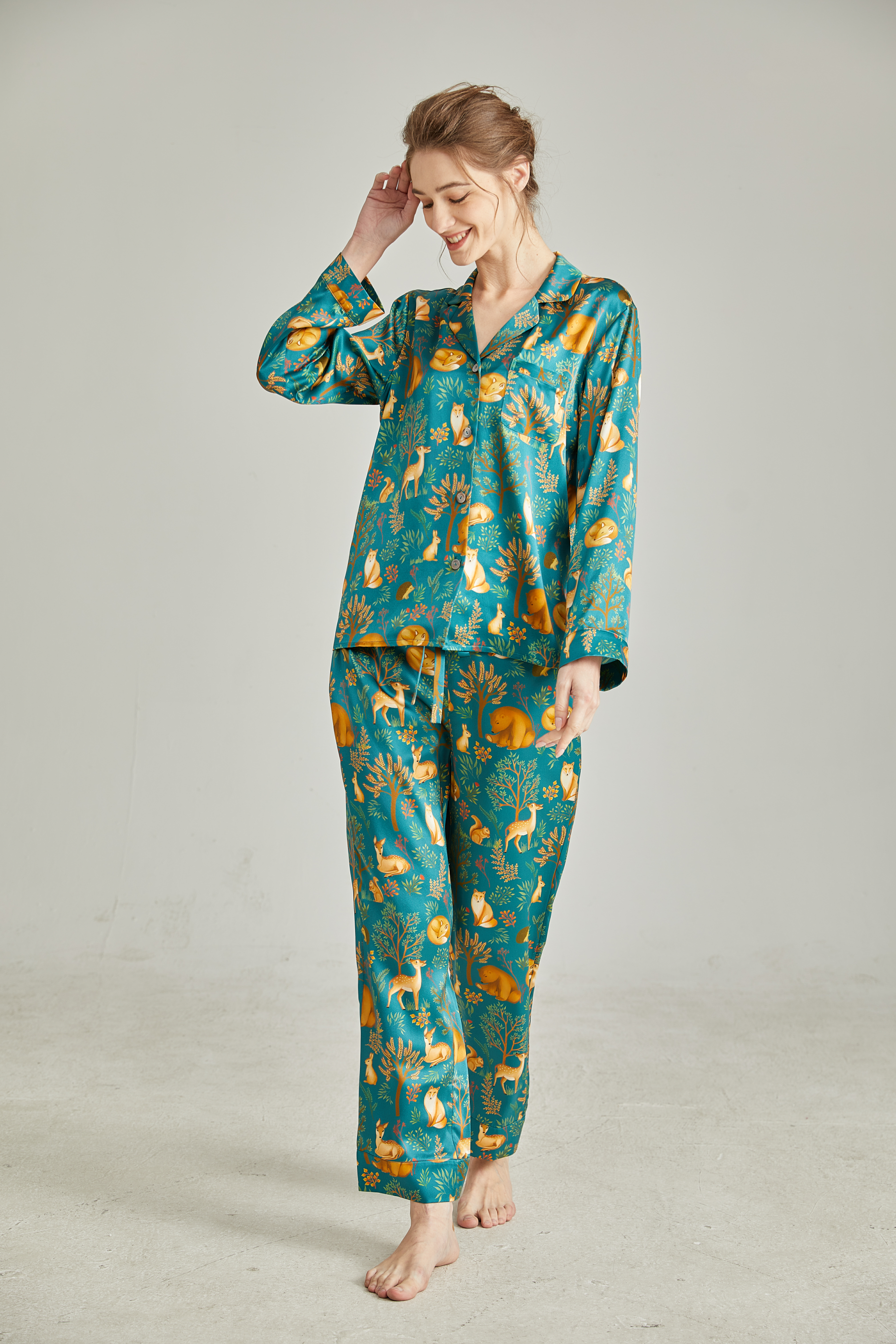 Ensemble pyjama femme en soie imprimés manches longue 2 pièces – Fornvoo
