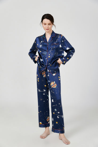 Women's 2-piece long-sleeved printed silk pajamas set