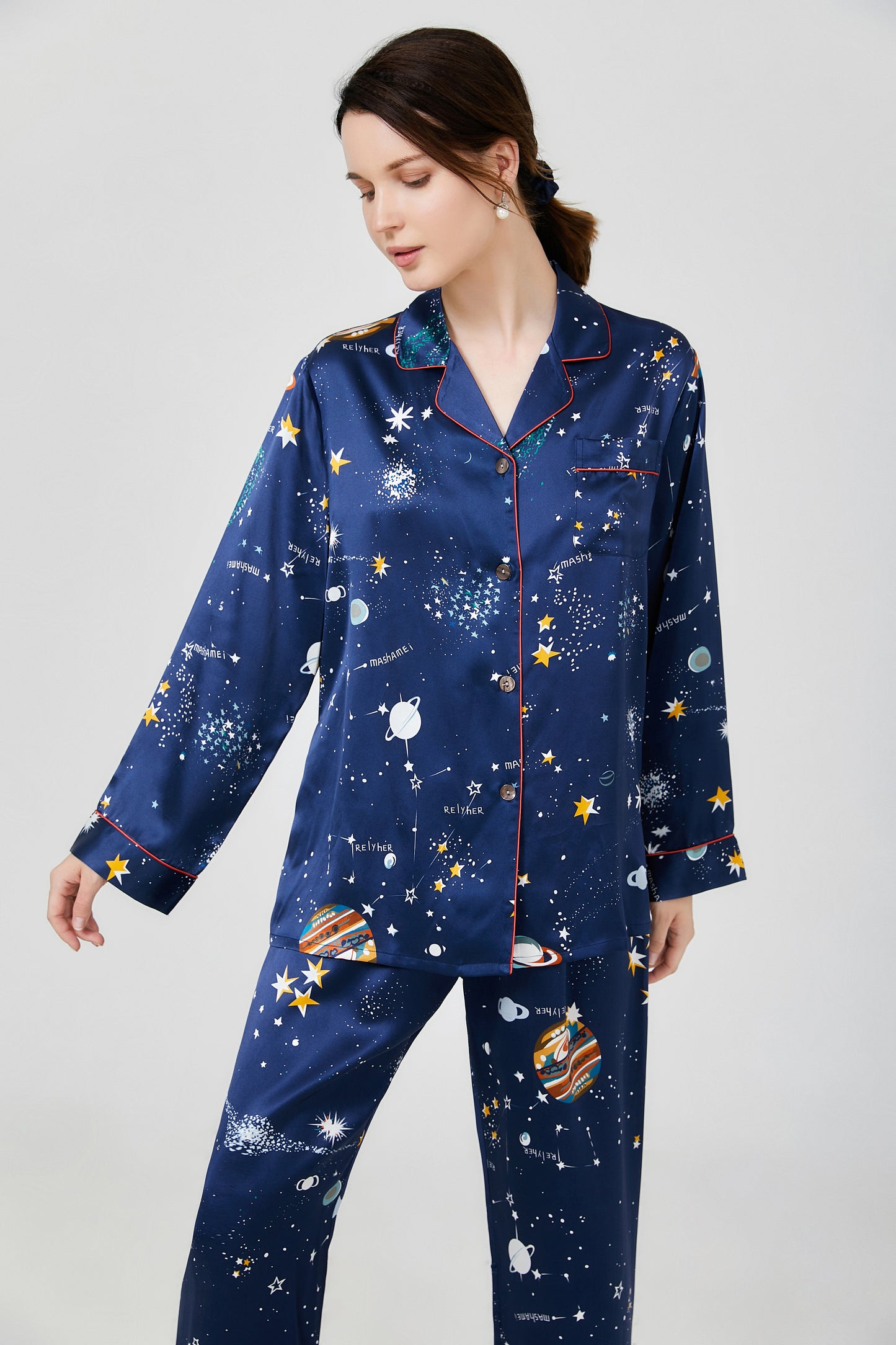 Women's 2-piece long-sleeved printed silk pajamas set